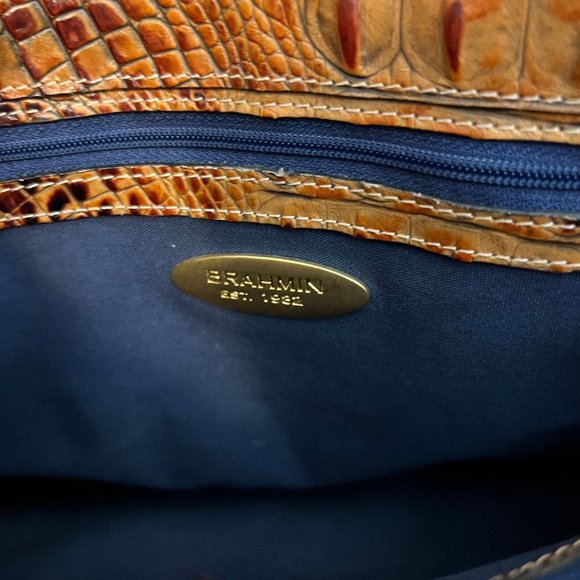 Brahmin Brown Croc Embossed Leather & Woven Top Handle Crossbody Handbag - Picture 7 of 7